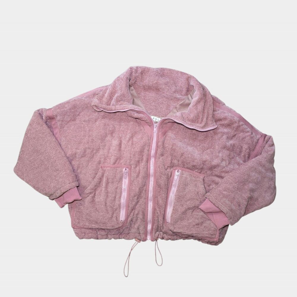 POL Pink Chenille Knit Full Zip Jacket Small Oversized Funnel Neck Drawstring